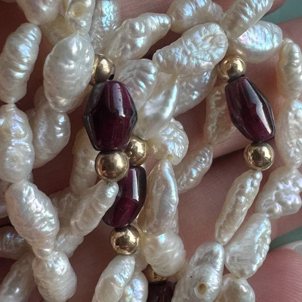 14k gold filled natural seed pearls and garnet long necklace - Picture 8 of 10